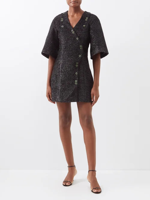 GANNI Recycled-blend lurex mini wrap dress