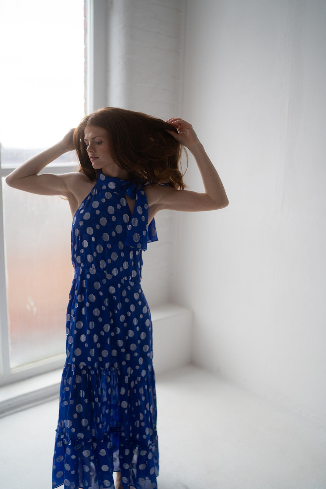RIXO Eleanor Blue Polka Dot Dress