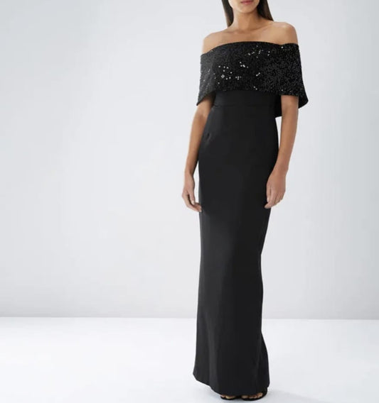 Coast black evening long dress with sequin bardot