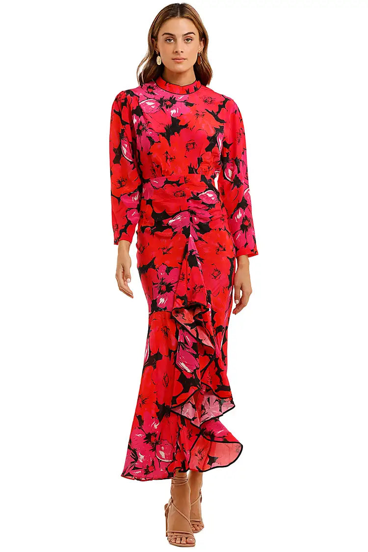 RIXO Red & Pink Silk Floral Dress